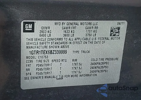 2011 GMC Sierra 1500 Work Truck из США, поврежденный, VIN 1GTR1TEX6BZ339999